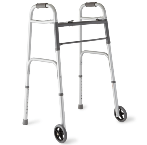 Medline Andador plegable de aluminio con 2 botones y ruedas de 5 pulgadas, 300 lb, 1 unidad