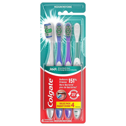 Colgate 360 ​​cepillo de dientes manual con limpiador de lengua y mejillas, mediano, 4 unidades