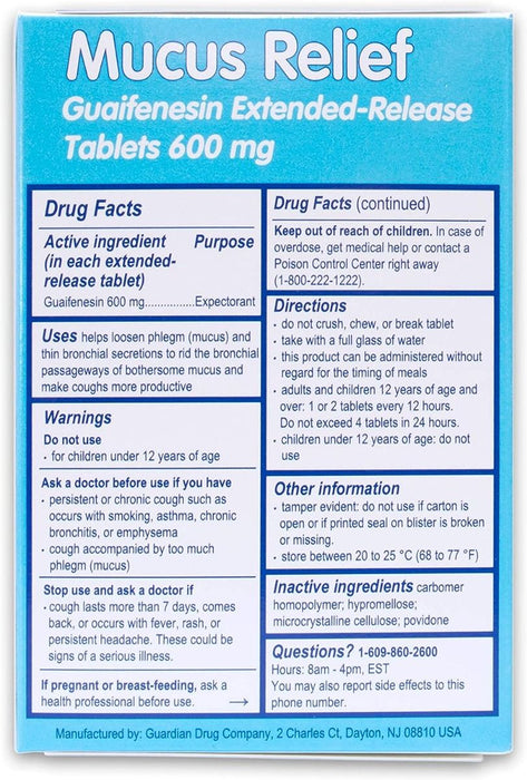 Guaifenesina, tableta de liberación prolongada de 600 mg, 40 unidades