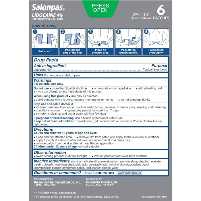 Parche para aliviar el dolor en gel de lidocaína Salonpas 6 unidades 