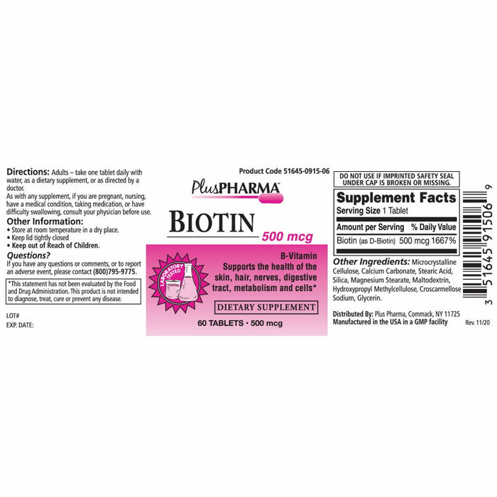 Tabletas de vitamina Biotina B7 500 mcg 60 ct 