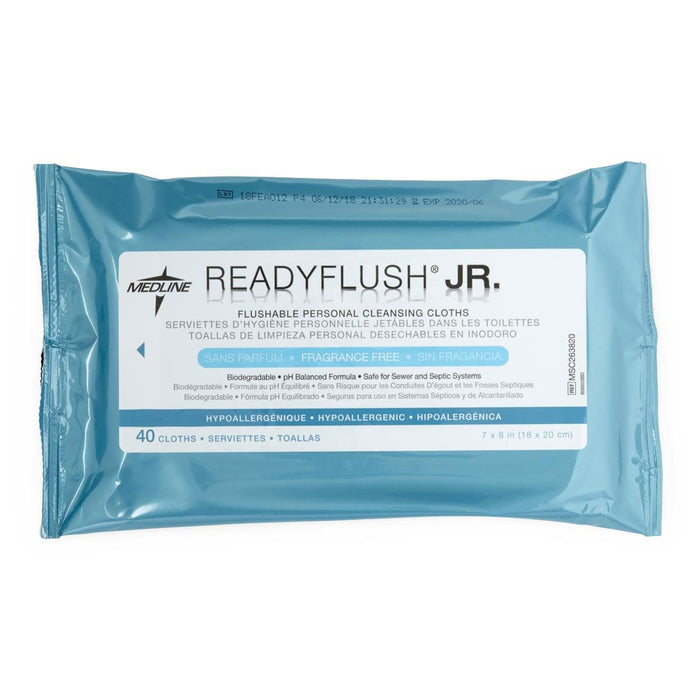 Toallitas desechables sin perfume ReadyFlush JR, biodegradables, paquete suave de 40 unidades 