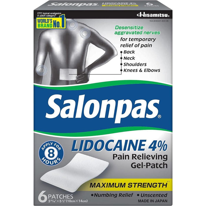 Parche para aliviar el dolor en gel de lidocaína Salonpas 6 unidades 